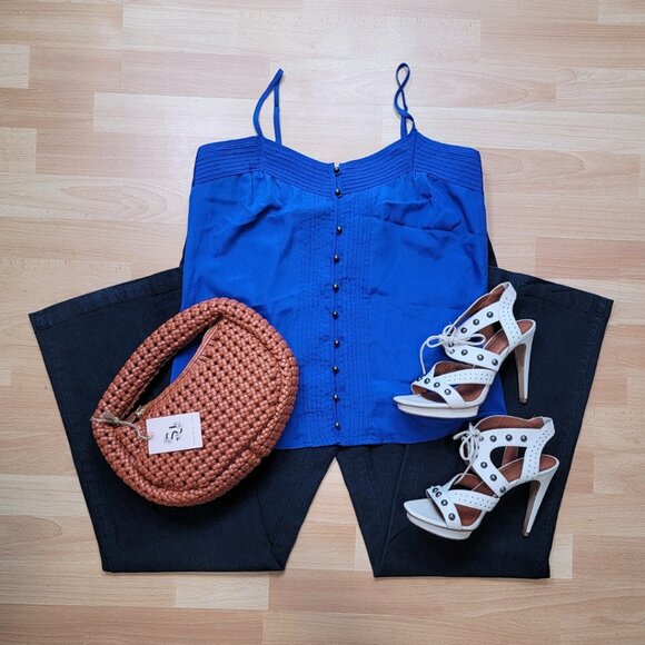 Gap Elegant Sapphire Pleated Tank Top with Button Accents | Size: Small - Picture 3 of 6